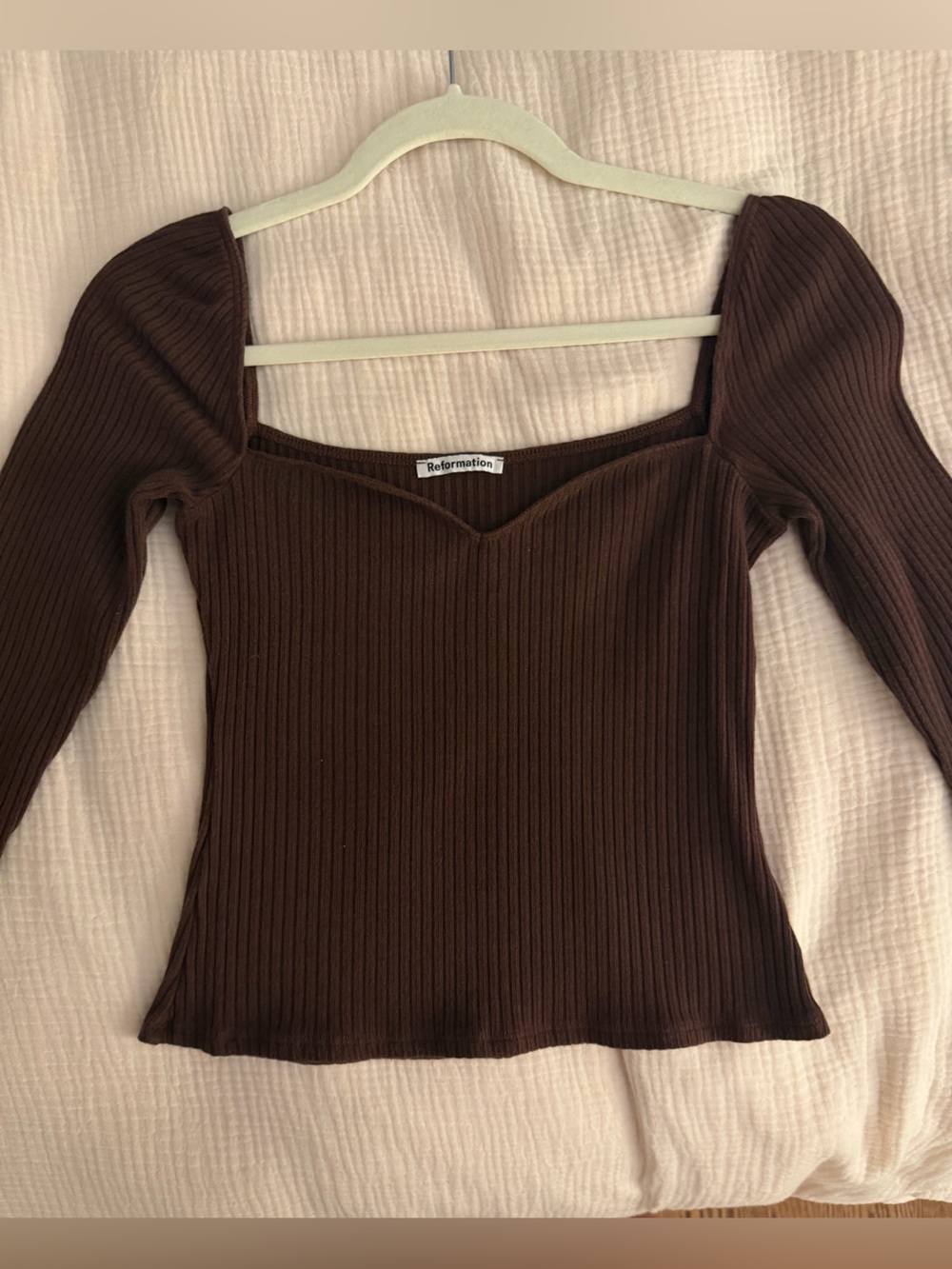 Reformation Chocolate Brown Off-Shoulder Ribbed Knit Top